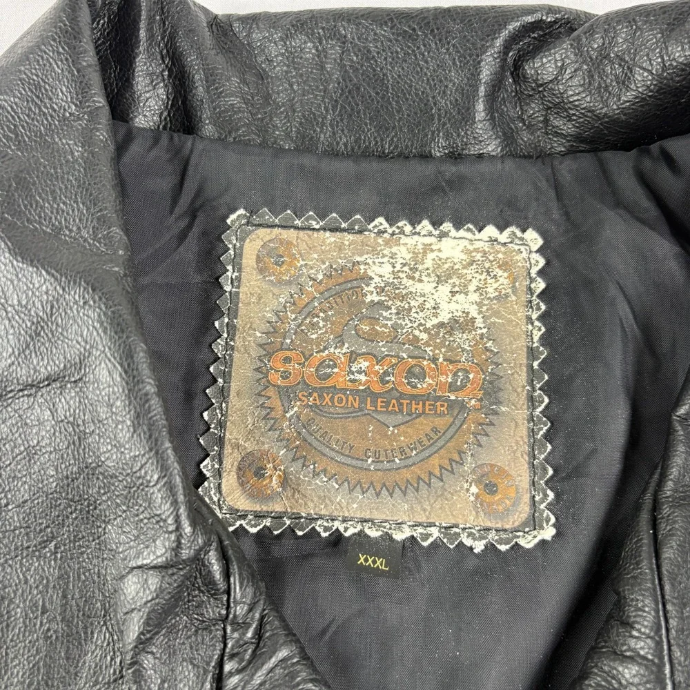 Vintage Saxon Leather Jacket‎ Mens 3XL Black Full Zip Bike Motorcyle Embroidered